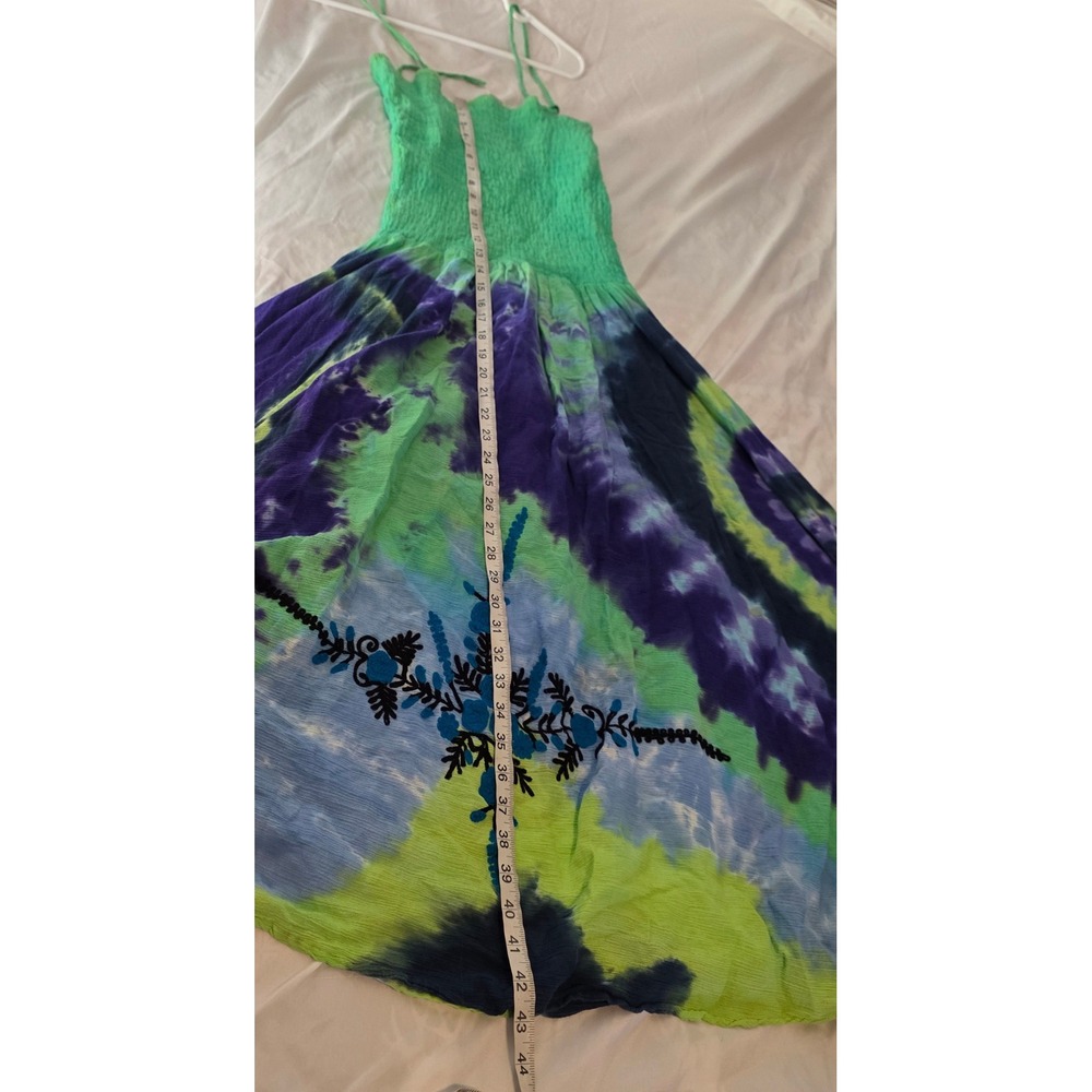Advance Apparels Womens Dress Free Size Green Blue Tie Dye Smocked Boho Fairy - Picture 8 of 9
